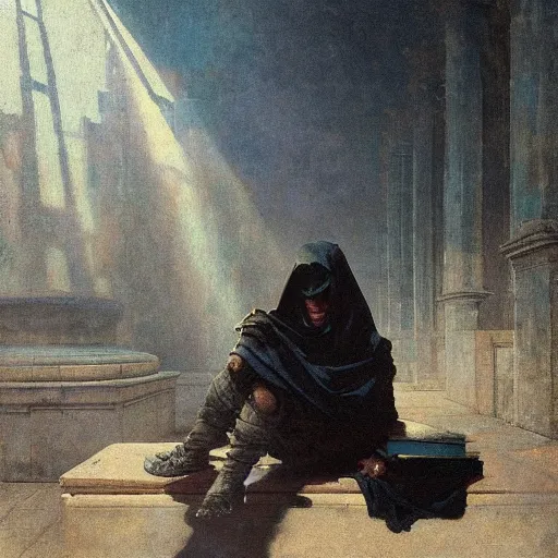 Image similar to half portait of magican wearing a closed cowl and big old book! chained to the wrist, jeremy mann, jean - leon gerome, tiepolo, alphonse mucha, greg rutkowski, face in the shadows, ( ( ruins of ancient rome ) ), at dusk, mysterious atmosphere, sunrays, dof, high detailed, 8 k