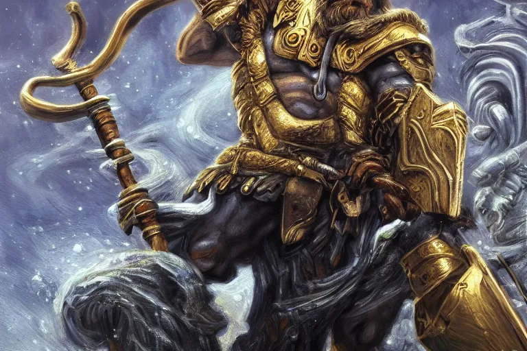 Image similar to mythological angry odin all father supreme God of thunder and smithing and artificial intelligence creating an artificial neural network with gold synapses on an anvil with his mighty hammer, high resolution, award winning art, trending on art station, sharp image, incredibly detailed, detailed character, realistic painting, hyperrealistic painting