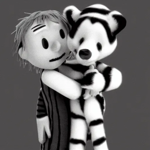 Prompt: calvin and hobbes hugging, black and white