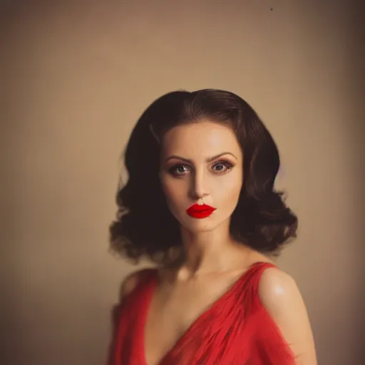 Prompt: photographic portrait of a beautiful romanian woman, she wears a very elegant black evening gown, has medium long curly brown and blond hair, red lips, beautiful skinny lovely face, Kodak Ektar 100 film