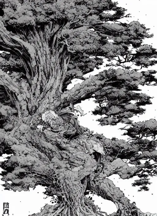 Prompt: a samurai resting beneath a giant tree, by takehiko inoue and kim jung gi and hiroya oku, masterpiece ink illustration