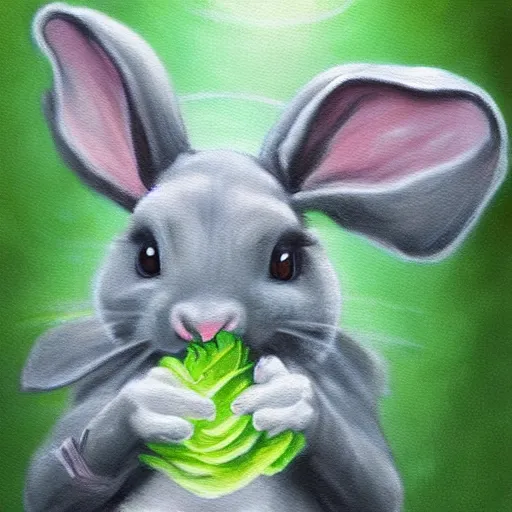 Prompt: a cute gray rabbit eating lettuce, mtg, fantasy art painting