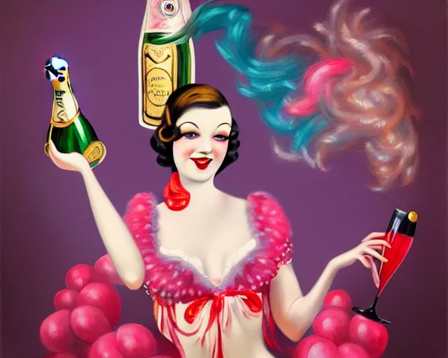 Image similar to a 1 9 3 0 s cancan dancer with a big bottle of champagne in art deco style, nicoletta ceccoli, mark ryden, lostfish, max fleischer, hyper realistic, artstation, illustration, digital paint, matte paint, vivid colors, bright, cheerful, detailed and intricate environment