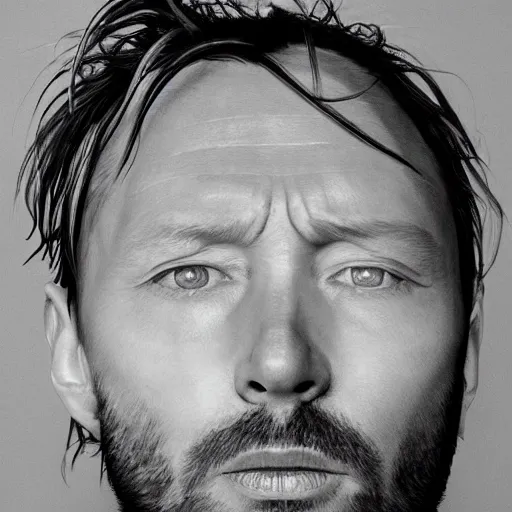 Image similar to photograph of print of thom yorke picture on a table, hyper realistic, variations of thom yorke, high quality photograph, mixed styles, intricate details, diverse