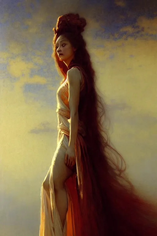 Image similar to a full body portrait of a good - lookiung girl wearing long loose gown, high detail, cleary see face, by gaston bussiere, bayard wu, greg rutkowski, odd nerdrum, maxim verehin, dan dos santos, masterpiece, sharp focus, cinematic lightning