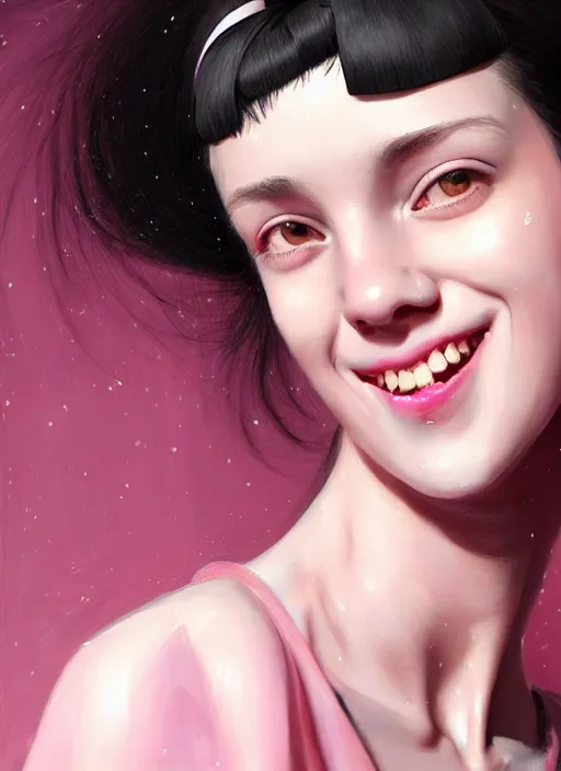 Image similar to portrait of high school girl, realistic, black hair, bangs, half updo hairstyle, pointy nose, skinny, smile, ugly, defined jawline, big chin, pink hair bow, earrings, intricate, elegant, glowing lights, highly detailed, digital painting, artstation, sharp focus, illustration, art by wlop, mars ravelo and greg rutkowski