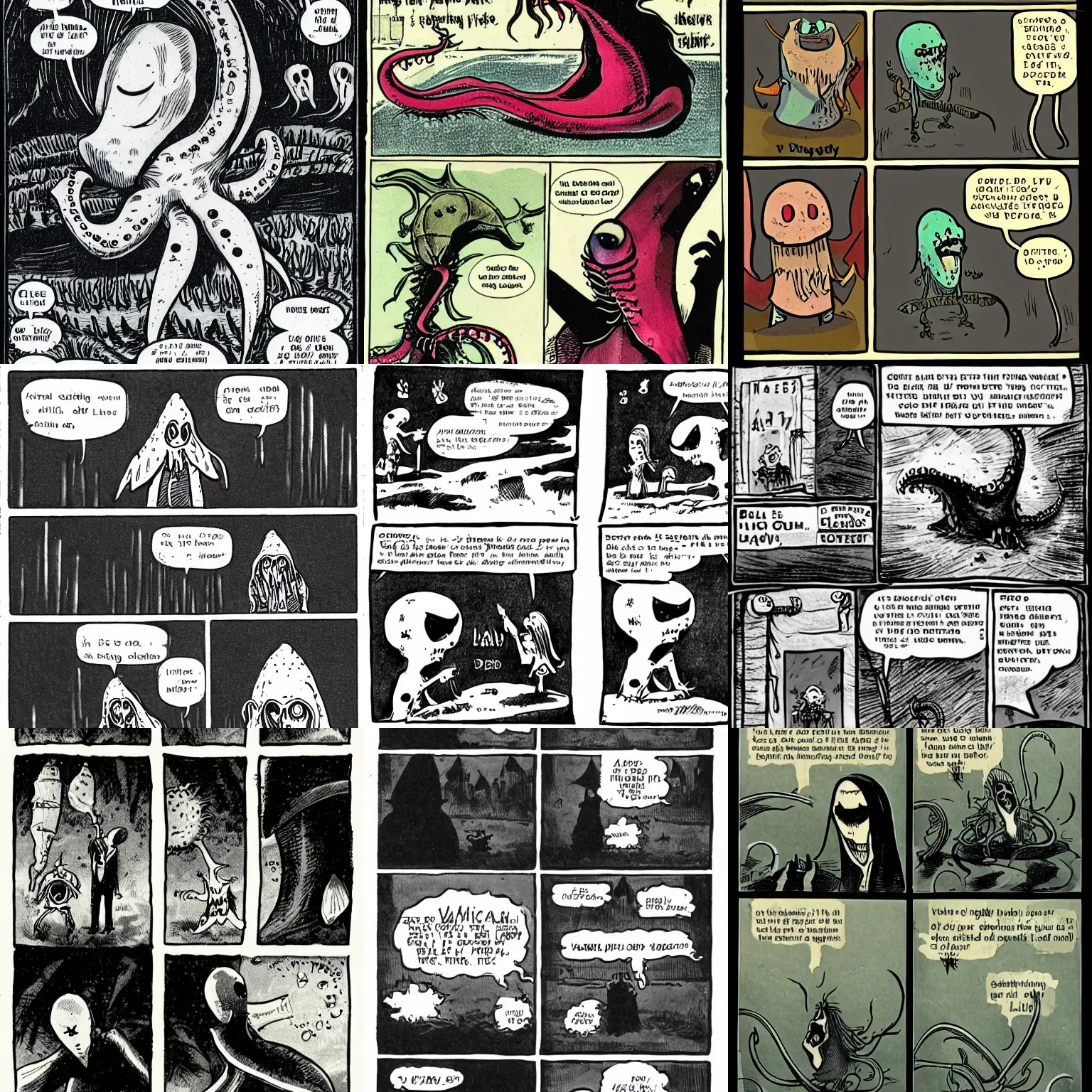 Prompt: vintage ben day comic about a gothic vampiric squid with an attitude learning to live on land