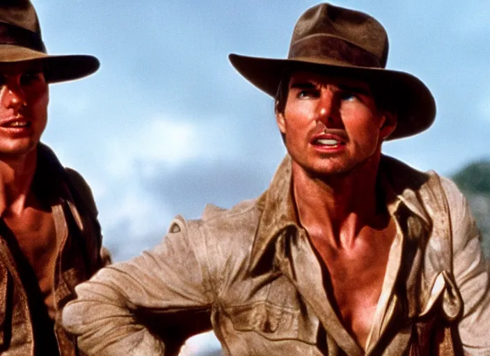 Image similar to film still of Tom Cruise as Indiana Jones in Raiders of the Lost Ark, 4k