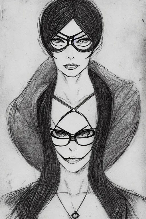 Image similar to Portrait sketch of fully clothed Bayonetta by Da Vinci