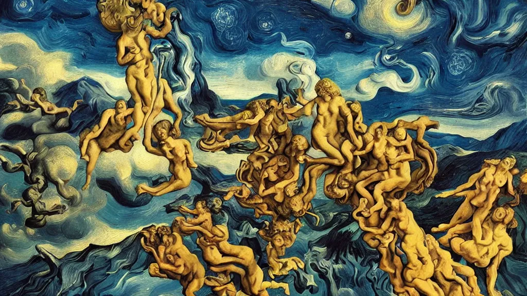 Prompt: divine moment , 4K, Rococo & Precisionism, colorized, by collaboration of Salvador Dali, Van Gogh and M. C. Escher