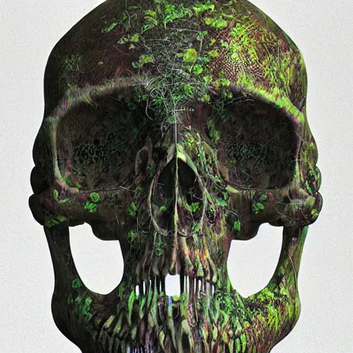 Prompt: abstract overgrown plants skull from a blender render, nature taking back, highly detailed, holography, by H.R. Giger