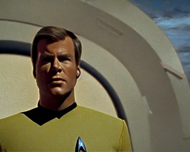 Image similar to film still from star trek, james kirk on an alien planet, octane, 2 8 mm macro, 1 9 6 8