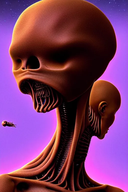 Prompt: beautiful portrait of friendly alien eating some babies, style of Feng Zhu, by Richard Corben, Artstation geometric, aesthetic, smooth skin, unique features, symmetrical, intricate crown, high fashion, streetwear, cyberpunk, detailed, octane render, cinematic, 8k, purple skin, brown skin