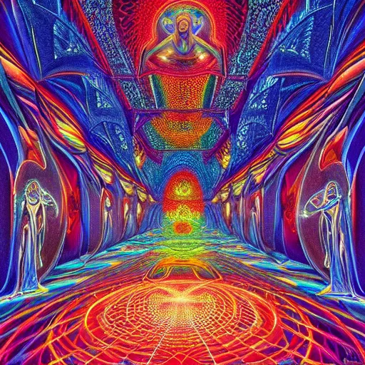 Prompt: beautiful painting of the inside of a dmt cathedral filled with magical energy and infinite rooms by moebius and alex grey