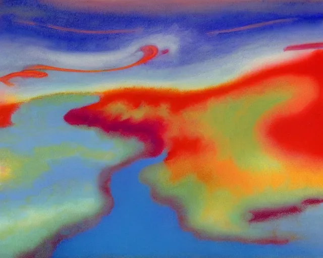 Image similar to Ocean waves in a psychedelic dream world. DMT. Curving rivers. Aya Takano. Zao Wou-ki. Yves Tanguy.