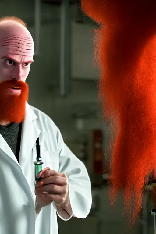 Image similar to an awkwardly tall scientist with 3 eyes and a tangled beard and unruly red hair atop his balding head wearing a labcoat and holding a beaker, high resolution film still, movie by Ivan Reitman, 3rd eye in the middle of the forehead