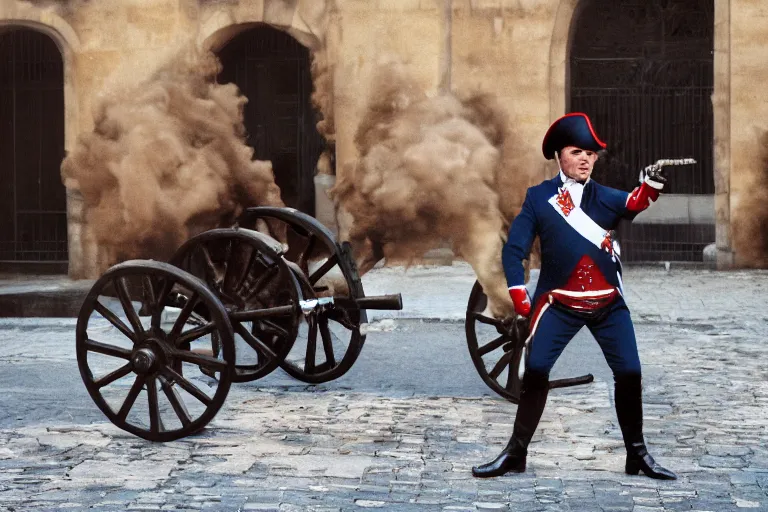 Image similar to closeup portrait of emmanuel macron dressed as napoleon dragging a cannon in the street, natural light, sharp, detailed face, magazine, press, photo, steve mccurry, david lazar, canon, nikon, focus