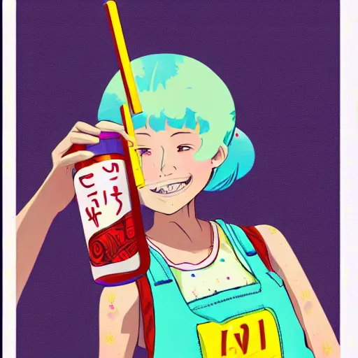 Image similar to y 2 k aesthetic japanese pop - culture magazine illustration, girl in tank - top and denim jump suit holding a can of soda near her smiling face