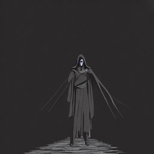 Image similar to a close shot of grim reaper standing in black smoke by studio ghibli, detailed, gloomy, horror, scary, digital art,