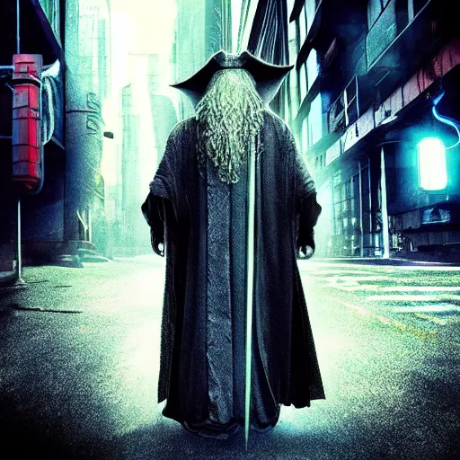 Image similar to gandalf cyberpunk photo