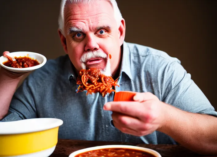 Prompt: photo of john ratzenberger eating chili, 8 k, 8 5 mm f 5. 6