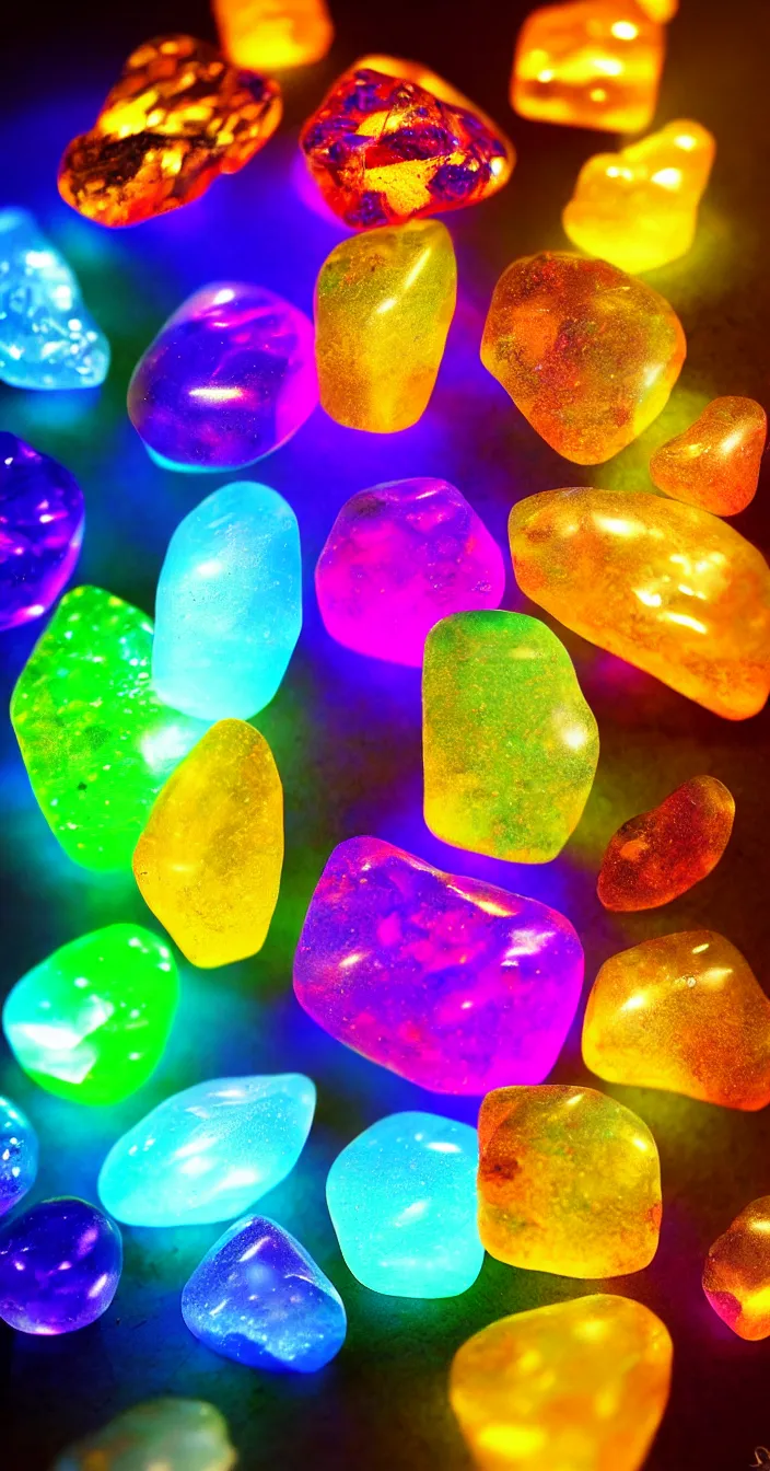 Prompt: realistic photo of colorful transparent stones, light glowing from behind, very sharp focus, in the style of greg rutswoski, very hyper realistic, highly detailed, fantasy art station