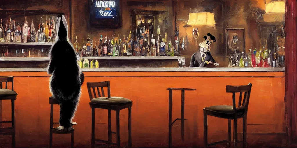 Prompt: a biped rabbit wearing a tie sits on a barstool at the bar of a 4 0 s jazz club, warm color palette, night time, dramatic lighting, noir film, character sheet, fine details, high contrast, blacksad, kim jung gi, greg rutkowski, trending on artstation, 8 k, front view, back view, ultra wide angle