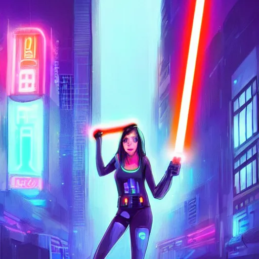 Image similar to a girl holding a lightsaber in a neon cyberpunk city at night, art station, digital art, cinematic, artgerm