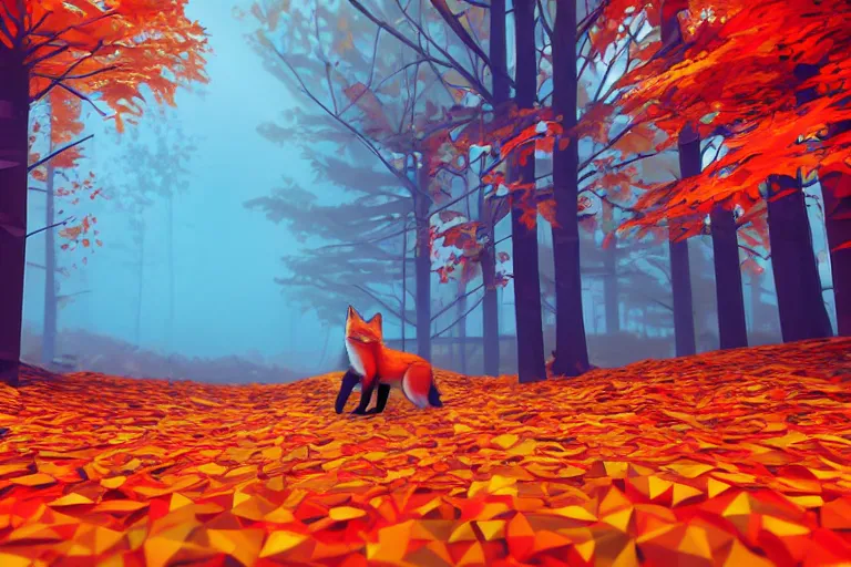 Image similar to super detailed color lowpoly art, red fox in an autumn maple forest, unreal engine, retrowave color palette, 3 d render, lowpoly, colorful, digital art, perspective