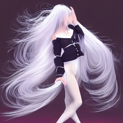 Prompt: A girl with long white hair is dancing, her hair is very flowing by yoneyama mai