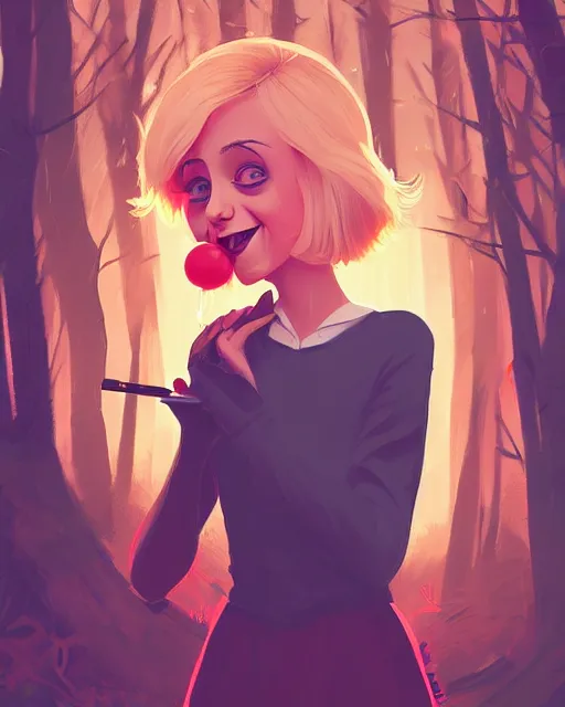 Image similar to digital illustration of pretty girl with short blonde hair hair, from alice in wonderland, smoking, happy eyes, smiling, in a wonderland forest, in junkyard at night, by ilya kuvshinov, lois van baarle, rossdraws, basquiat