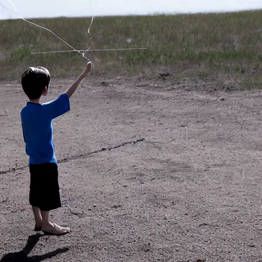 Image similar to a boy flying a kite with the shape of a drone tied to a string.