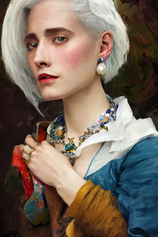 Image similar to close-up Howl from Howl's Moving Castle with white hair, small pearl earrings, pearl necklace, colourful clothes, fantasy, portrait, highly detailed, digital painting, artstation, concept art, sharp focus, illustration, art by greg rutkowski and alphonse mucha, oil painting by John Ward, by Arthur Walker, by Vermeer,