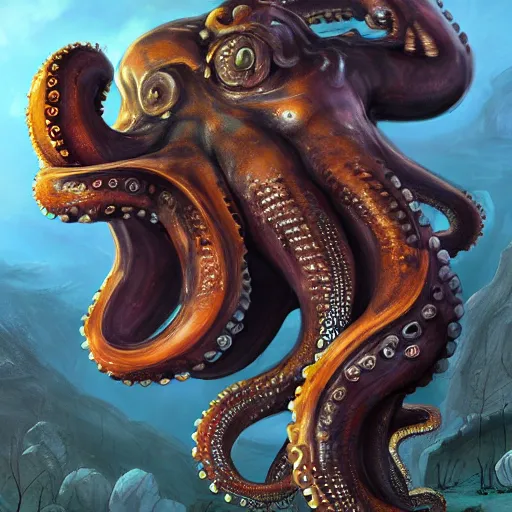Image similar to ancient octopus monster devouring a school bus, crushing a school bus, highly detailed, 8 k, trending on artstation, award - winning art,