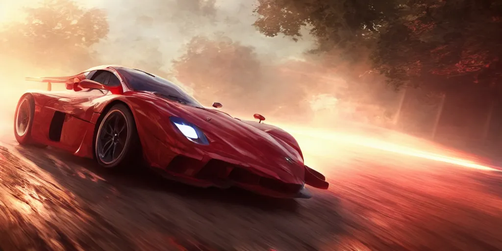 Image similar to Racing car red trail behind it, cinematic shot, epic, volumetric lighting, made by Stanley Artgerm Lau, WLOP, Rossdraws, ArtStation, CGSociety, concept art, cgsociety, octane render, trending on artstation, artstationHD, artstationHQ, unreal engine, 4k, 8k,