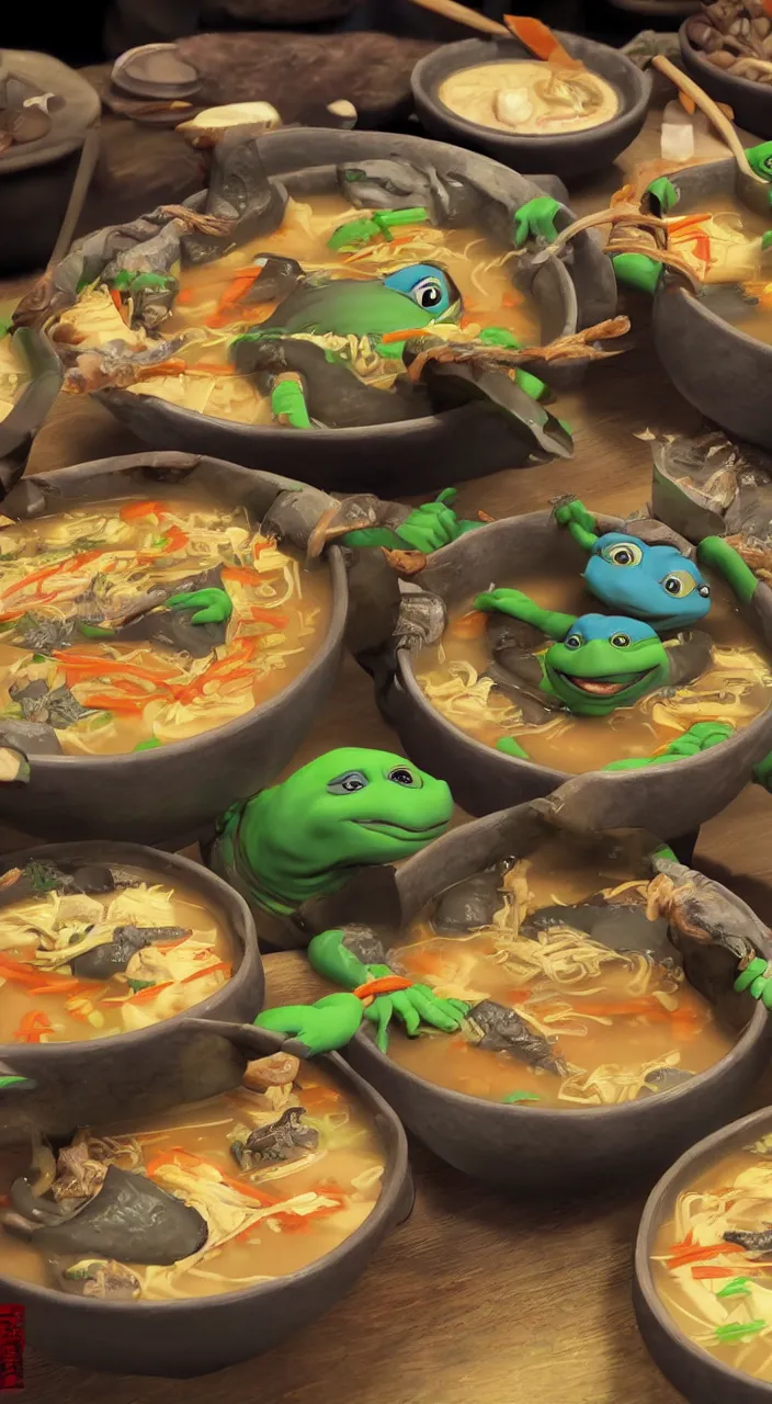 Image similar to little ninja turtles in soup in a chinese restaurant, a chinese man eats this soup, super realistic, super detailed, high octane, photorealistic, rendering 8 k, 8 k octane, unreal engine