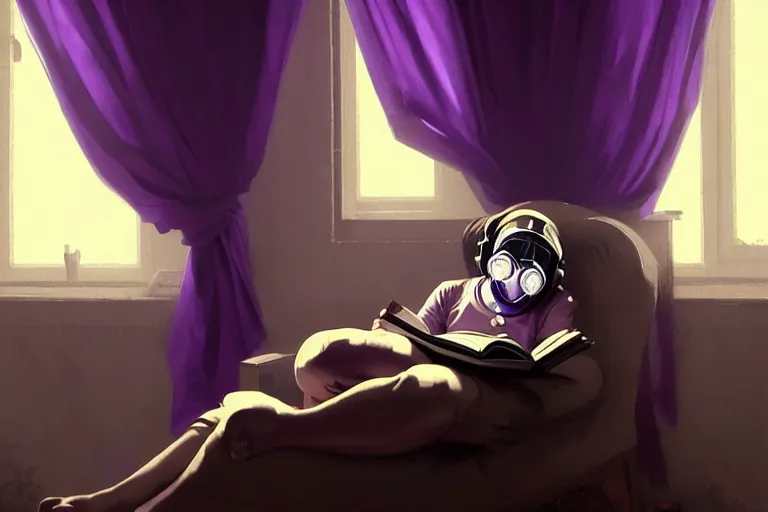 Image similar to girl with wearing a gas mask lying on the sofa reading a book in her room, in the style of greg rutkowski, intricate and epic composition, purple by caravaggio, insanely quality, highly detailed, masterpiece, purple light, artstation, 4 k