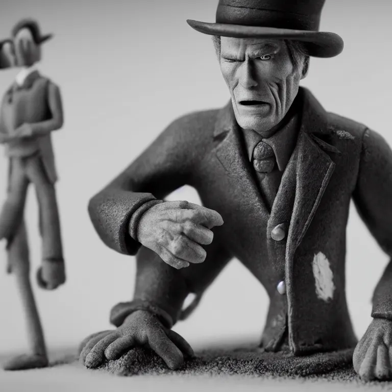 Image similar to a cinematic film still of a claymation stop motion film starring clint eastwood, shallow depth of field, 8 0 mm, f 1. 8