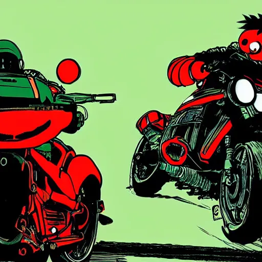 Prompt: illustration of cookie monster riding kaneda's motorcycle from akira by ilya kuvshinov katsuhiro otomo