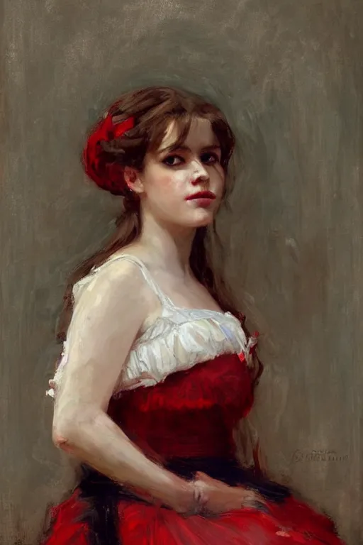 Image similar to Solomon Joseph Solomon and Richard Schmid and Jeremy Lipking victorian genre painting full length portrait painting of a young beautiful woman traditional german french barmaid in fantasy costume, red background