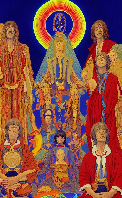 Image similar to a breath - taking jean giraud work of art of the beatles in the style of a renaissance masters portrait, mystical and new age symbolism and tibetan book of the dead imagery, intricately detailed, 4 k