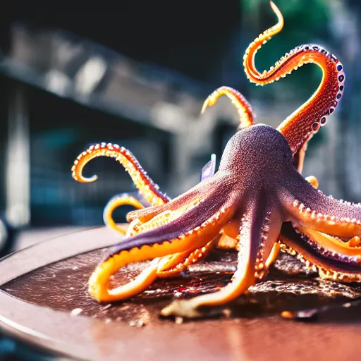 Image similar to octopus made of steel eating fastfood, 5 5 mm