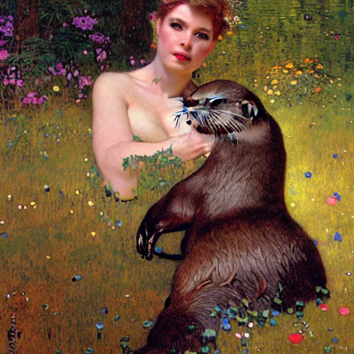 Image similar to portrait of an otter wearing a dress. furaffinity forest fantasy highly detailed painting by gaston bussiere craig mullins jc leyendecker gustav klimt artgerm greg rutkowski john berkey, bergey, craig mullins, ruan jia, raymond swanland, jeremy mann, tom lovell, alex malveda