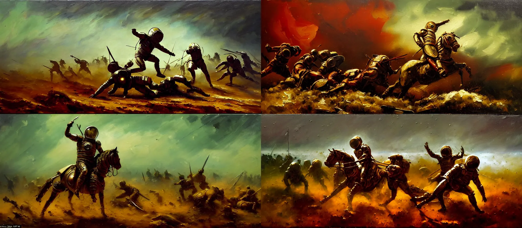 Prompt: battle scene, gladiator - astronaut using knives, segmented armor, luminist style, tonalism, dramatic lighting, action scene, palette knife, frenetic brushwork, chiaroscuro, figurative art, detailed, proportions, spatter, dust, atmospheric, infantry, volumetric lighting, red iron oxide, raw sienna, and sage green