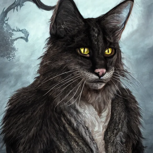 Image similar to khajit tabaxi catfolk humanoid adventurer with maine coon features and black fur holding two shortswords cloaked in shadow and wearing leather armor, dungeons and dragons, pure white background, fantasy, tarot card style, half body portrait, high detail, hyper realistic