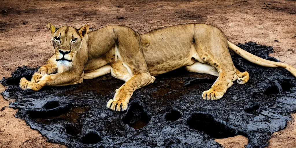 Prompt: a photo of a lioness, made of tar, bathing inside the tar pit, full of tar, covered with liquid tar. dslr, photography, realism, animal photography, color, savanna, wildlife photography