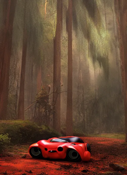 Prompt: an abandoned devil car on a ominous forest biome by pixar, smooth, cinematic, wet reflections, ray tracing x, rtx, smooth