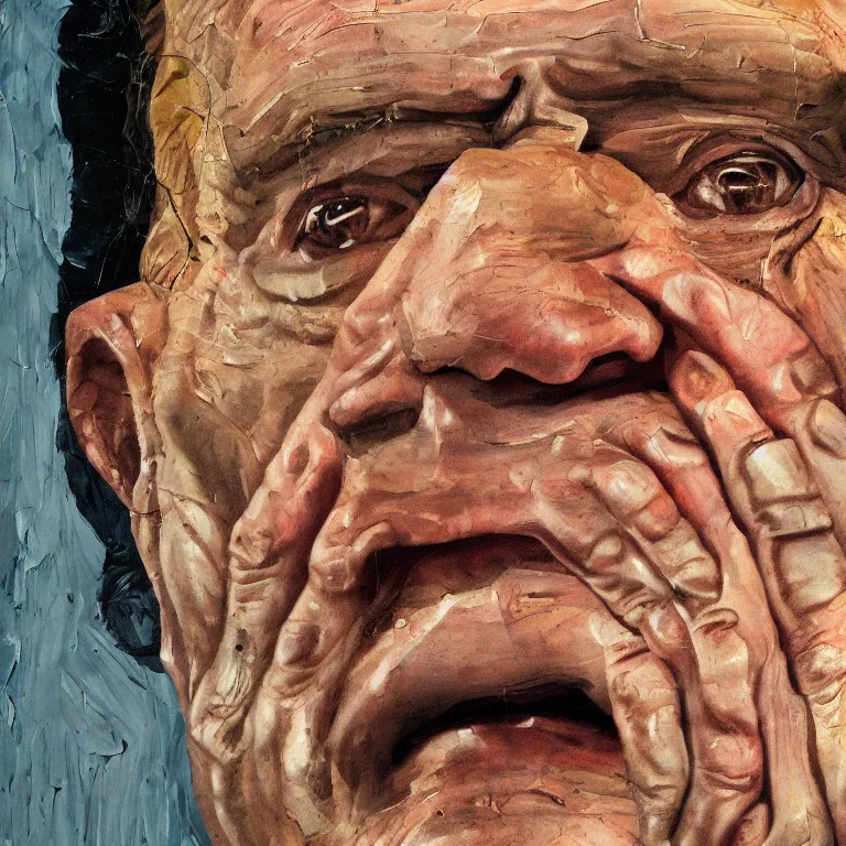 Prompt: close up studio portrait of aging old Richard Nixon age 115 wrinkled sad, shiny impasto oil painting by Lucian Freud and Tim Hawkinson and Cy Twombly, trending on artstation Studio lighting Expressionism