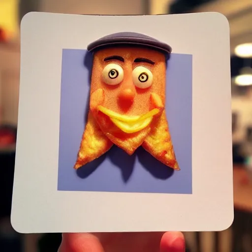 Image similar to photo of [ a single salted french fry chip ] shaped like that looks like stephen fry as a pixar character hybrid intercross mix cinematic lighting