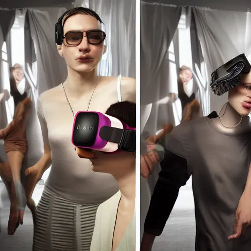 Prompt: Virtual Reality junkies, groups of people, HMD, ecstasy emotion, realistic render, high fashion